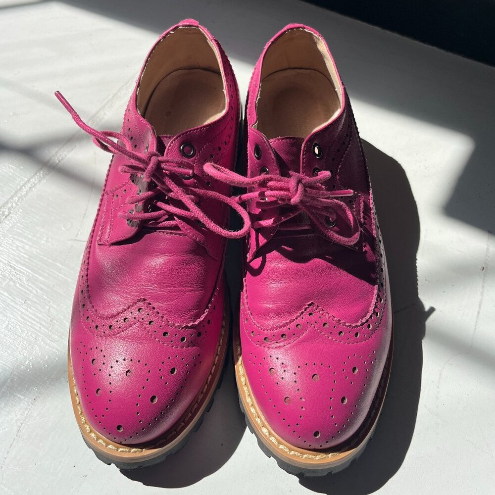 Women's Pink Leather Handmade Oxfords Chunky Heeled Lace Up Shoes Size 5 / 35